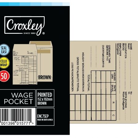 image | c4a22daeab6d1c236fbc4569c83481e3 | CROXLEY JD7SEPC Wage Pocket Printed No.7 152x110 Cello 50's | Croxley SA