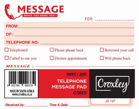 image | d77776e0cfc66b62bd3185f03445165e | CROXLEY JD197 Telephone Message Pad 45 Sheet | Croxley SA